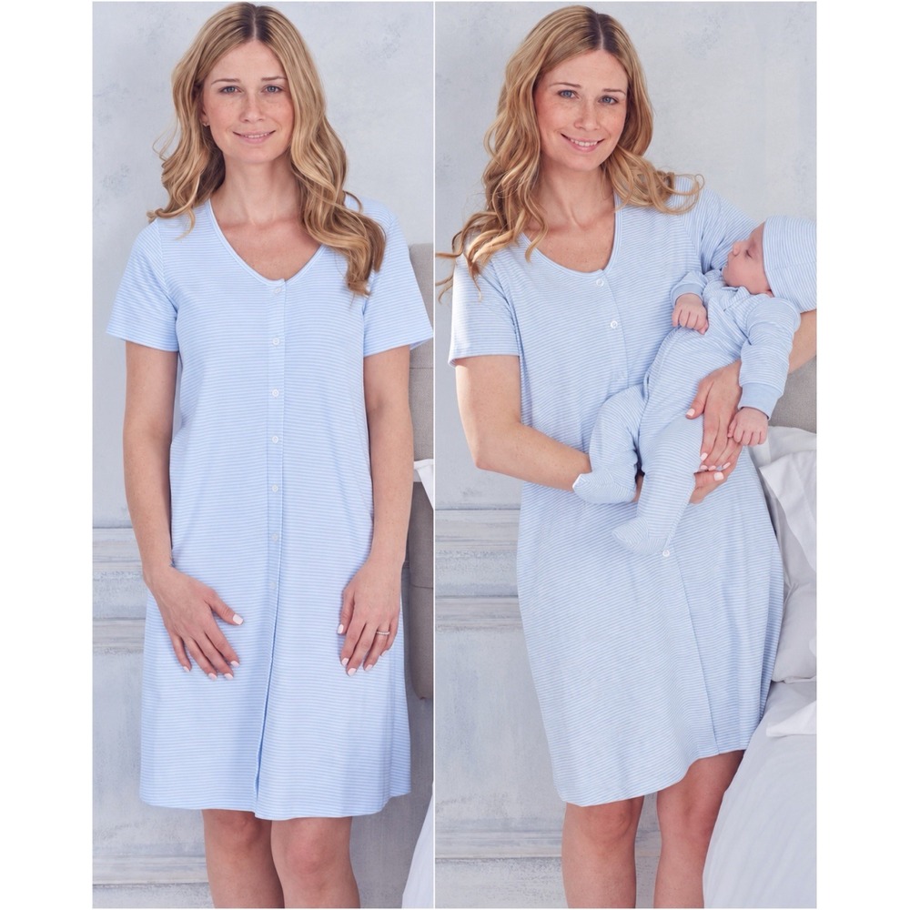 Kissy Kissy Pima Cotton Maternity Nursing Nightgown Blue Striped M NWT